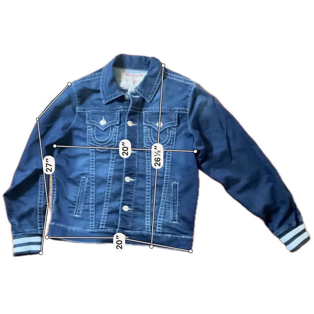 True Religion Denim Trucker Jacket Men's XL Dark Wash Button Front Striped Cuffs - Picture 8 of 9